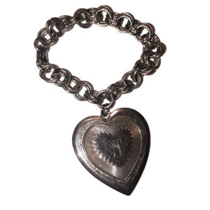 VTG Coro Silver Tone Charm Bracelet w Oversized Heart Tag 7”